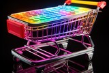 Fototapeta Tęcza - Neon shopping cart on a black background. Banner for black friday, sales, discounts