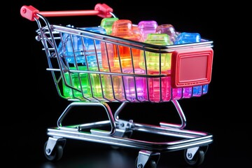 Neon shopping cart on a black background. Banner for black friday, sales, discounts