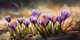 Fototapeta Kwiaty - Flowering purple crocuses on spring meadow, watercolor painting.