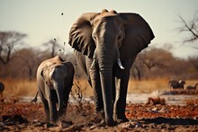 A Two Elephants Walking Through A Muddy Area