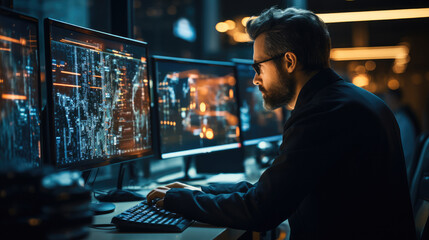 Poster - Software developer working with computer for coding script or cyber security.