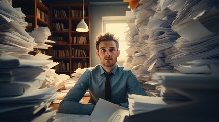 Aufkleber - Office man working with a pile of paperwork on deadlines, Stressful job concept.