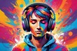 © NoblePix - A man. Creative music background. Colorful heads with headphones. Generative AI