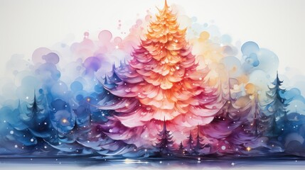 Sticker -  a painting of a colorful christmas tree in the middle of a forest with snow on the ground and trees on the other side of the painting is a white background.