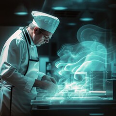 Wall Mural - A chef is cooking in a kitchen with smoke coming out, AI