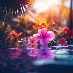 Poster - Tropical flowers in the water with sun reflecting on them, AI