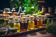 Medicinal herbs and tinctures alternative medicine in jars on table. ai generative