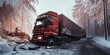 Truck accident with snow on the road in winter forest. ai generative