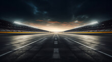 The Finish Line Of An Asphalt Race Track With Serpentine Roads And Illuminated Floodlights. Ai Generative