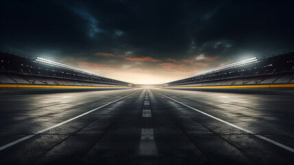 The finish line of an asphalt race track with serpentine roads and illuminated floodlights. ai generative