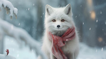 White Polar Fox With A Christmas Red Scarf And On The Background Of A Fabulous Winter, Snowy Forest With Bokeh And Copy Space. Christmas Greeting Card.