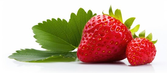 Canvas Print - On a pristine white background, an exquisite green leaf gracefully rests next to a vibrant red strawberry, enticingly highlighting the beauty of natural, organic food. Its lusciousness and striking