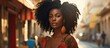 © AkuAku - The beautiful young African woman with black hair walked confidently through the city streets, exuding a fashionable and happy vibe that people couldn't help but notice as they admired her stunning