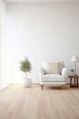 Wall Mural - Crisp white room with a hardwood floor for a furniture ad mockup AI generated illustration