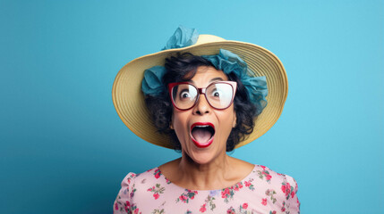 Wall Mural - Middle age woman in grey hair and hat standing on yellow background celebrating crazy and amazed for success with arms raised screaming excited. screaming excited. winner.