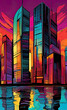 Skyscrapers at sunset, graphic perspective of buildings and reflections on water, abstract architectural background, vector illustration, pop art, sketch art,