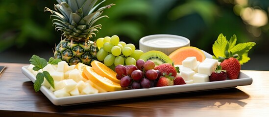 Wall Mural - In Country, amidst the lush greenery of nature, a white wooden tray is set, showcasing a healthy appetizer of organic fruit salad, rich in protein-packed seeds and succulent pineapple, making it the