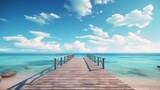 Fototapeta Natura - A wooden pier stretching out into the calm waters of a serene beach.