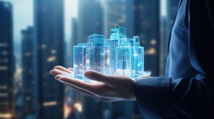 Hologram of sophisticated blue buildings is cradled in the hand of a businessman