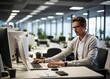 © woollyfoor - Portrait of a young businessman using computer while sitting at desk in office, business, businessman, computer, laptop, office, working, desk, people, smiling, notebook, person, manager, sitting