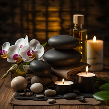 The Candles Are Lit, Massage Stones, Oils, A Towel Are All Laid Out In Preparation For A Spa Treatment. Beauty Spa Treatment And Relax Concept.