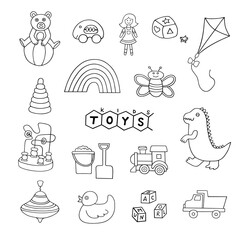 A set of children toys on a white background. Outline drawing. Children theme.