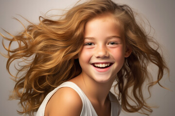 Wall Mural - Young girl with beautiful smile poses for camera. This image can be used to represent happiness, joy, and positive emotions. Perfect for advertisements, social media posts, or website content