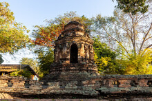 Old Brick Stupa In Wat Chet Yot In Chiang Mai, Northern Thailand.