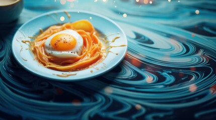 Sticker - A plate with an egg on top of noodles, AI