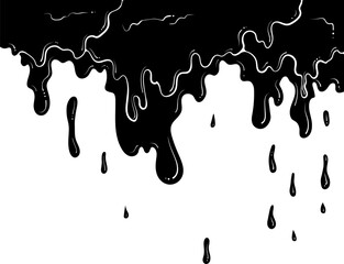 Wall Mural - Dripping silhouette border liquid, wax, honey, slime, paint. Melted chocolate or oil. Vector illustration in hand drawn style. Black graphics isolated on white, Drops background