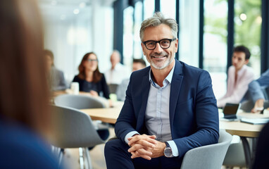 Executive group coaching session, coach is 60 year old man with greying hair and glasses sitting in a modern office