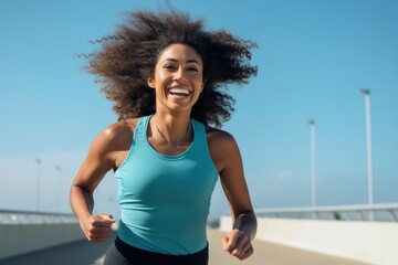 Wall Mural - Portrait of sporty black woman runner running on city bridge road against blue background. Afro american, multi racial concept of sportive athletes..