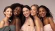 © Purple Penguin GFX - a diverse group of women friends, natural beauties in a skin-care ad with a simple-colored background, in a  Cosmentic-themed, realistic illustration in JPG.  Generative ai