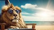 A lazy lion in sunglasses is resting on the beach. The king of beasts relaxes in a chaise lounge on a sunny summer day. A pet on vacation. Summer tourism. Illustration for cover, card, interior design