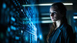 Eye level magazine style photo of young woman network engineer, abstract cloud data imagery