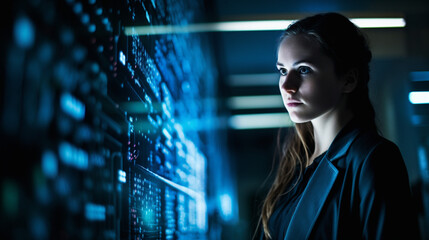 Eye level magazine style photo of young woman network engineer, abstract cloud data imagery