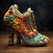 a pair of colorful high heeled shoes