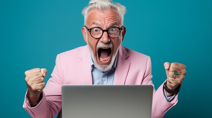 Poster - Energetic freelancer working on laptop, isolated on pastel background with copy space