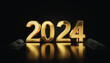 New Year 2024 3d golden shiny numbers for calendar on black background.