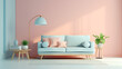 Modern living room interior with sofa in light blue and peach theme illuminated by natural light