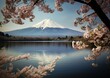 Fujiyama mit Kirschblüte am See. Großer Berg am See mit Schnee bedeckt im Frühling.
