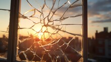A Broken Window With The Sun Setting Behind It