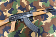 AK-47 Kalashnikov assault rifle on a camouflage tarp