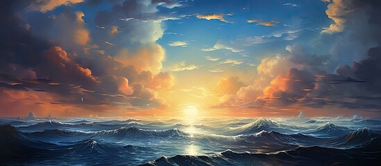 Canvas Print - In the enchanting backdrop of a summer evening, the sky was awash with hues of blue and gold as the setting sun painted the clouds in a captivating silhouette, allowing the animal in the sea below to