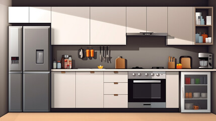 Wall Mural - Modern kitchen with fridge, oven and cooking utensils. Modern apartment big kitchen. generative ai