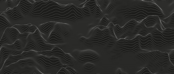 Poster - Abstract background with distorted line shapes on a black background. Monochrome sound line waves.