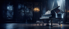 Old Dark Piano In An Empty Old Apartment Lit By The Moon And Candles