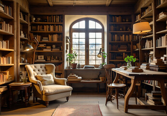 Wall Mural - a home library, a room with shelves of books, a chair, a desk.