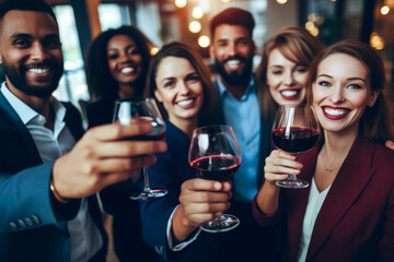 Wall Mural - Group of people in business attire smiling in a big crowd. group of business people that are smiling looking up to camera. team of business people and customers in a room with drink	