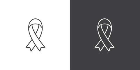 Black awareness ribbon icon on black and white background. Vector symbol of grief and melanoma. Terrorism. Mourning ribbon icon, a symbol of mourning for death.